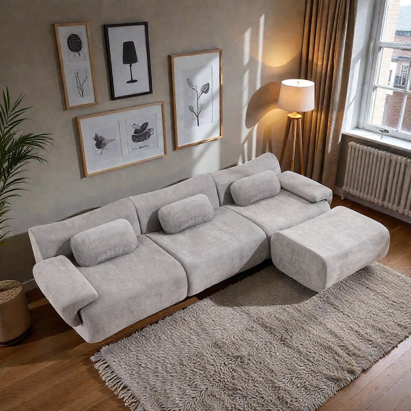 Modular Chenille Sofa Set with Armchair, Extra Large Deep Seat 3 Seater Compression Couch with Pillows
