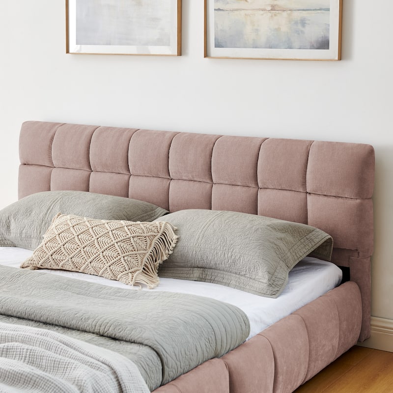 Block Thick Chenille Low Profile Platform Bed Fabric Upholstered Bedframe with Headboard Solid Wood Frame - Optional Storage Bed