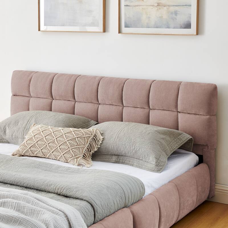 Queen Platform Bed with Chenille Fabric, Soft Headboard & Built-In Drawers