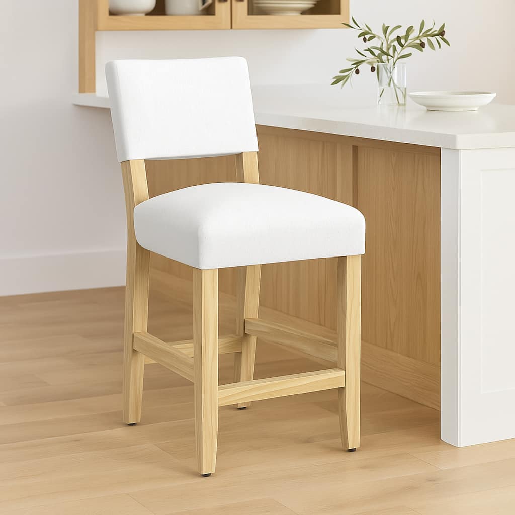 Bowo Counter Stool Chair, White Fabric Seat, Brown Hardwood Legs