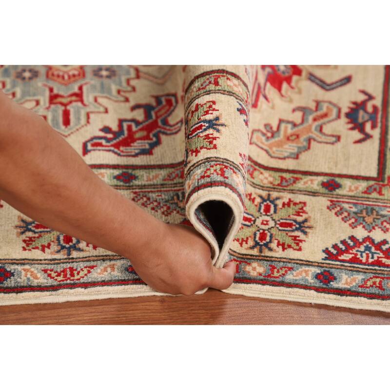 Geometric Beige Kazak Area Rug Handmade Oriental Wool Carpet - 3'11" x 5'10"