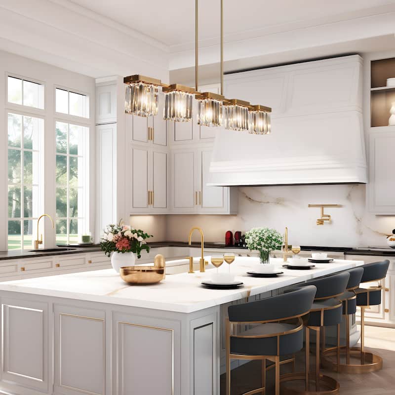 Diore Modern 5-Light Crystal Chandelier 40 in Linear Glam Brass Kitchen Island Light - L 40.2" x H 70" Max