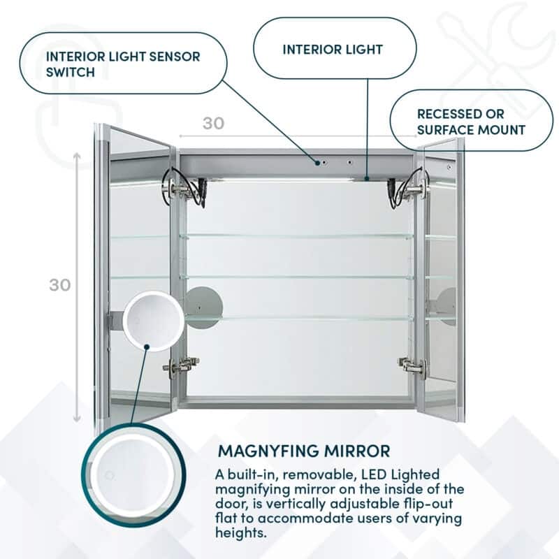 AQUADOM Signature Royale 30W LED Medicine Cabinet Defogger, 3X LED Vertically Adjustable Magnifying Mirror, Electrical Outlets