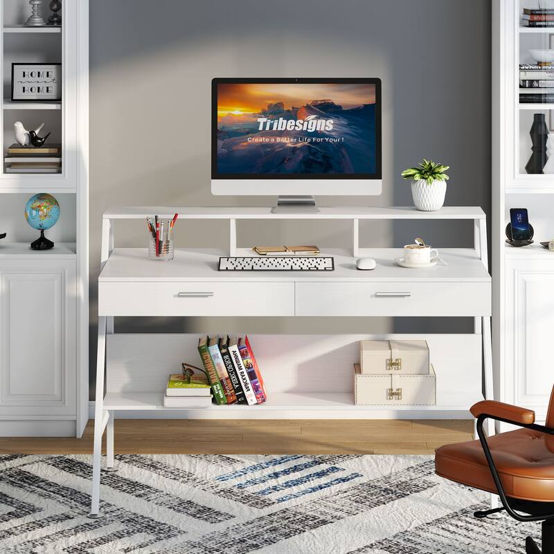 47" Computer Desk with 2 Drawers & Storage Shelf & Monitor Stand