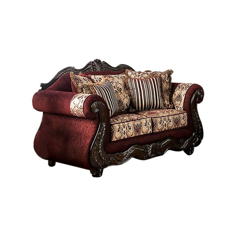 Chenille Upholstered Loveseat With Pillows, Burgundy and Brown