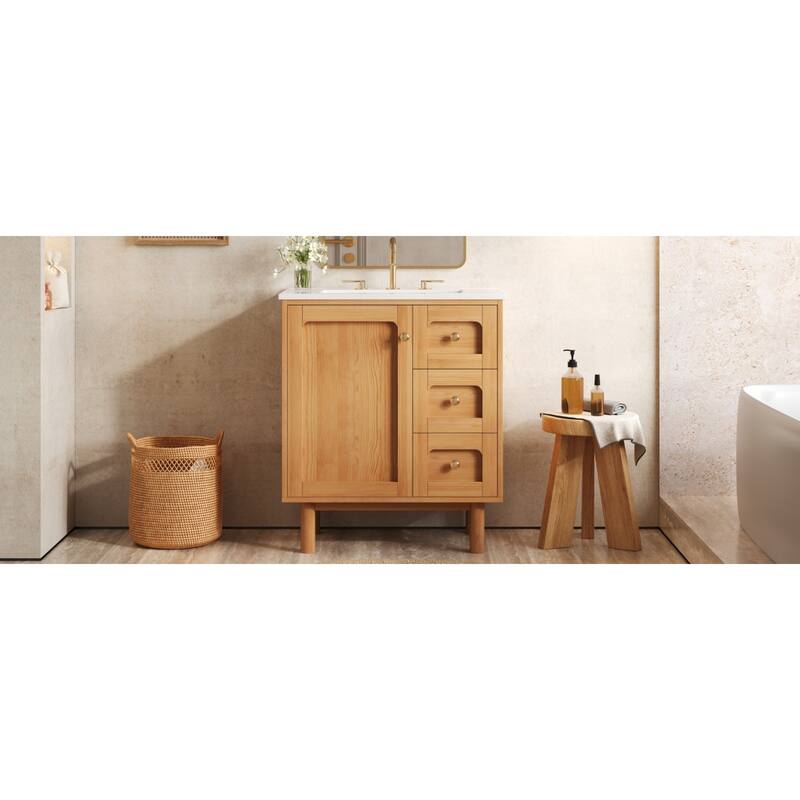 Roomfitters 30 Inch Bathroom Vanity with Ceramic Sink, Farmhouse Storage Cabinet with 3 Sliding Bins & Soft Close Door, Natural