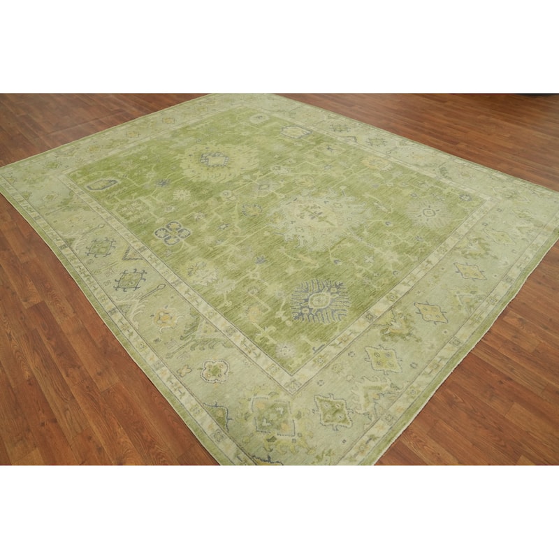 Handmade Green Oushak Vegetable Dye Area Rug, Floral Geometric Carpet - 10' 2'' X 7' 11''