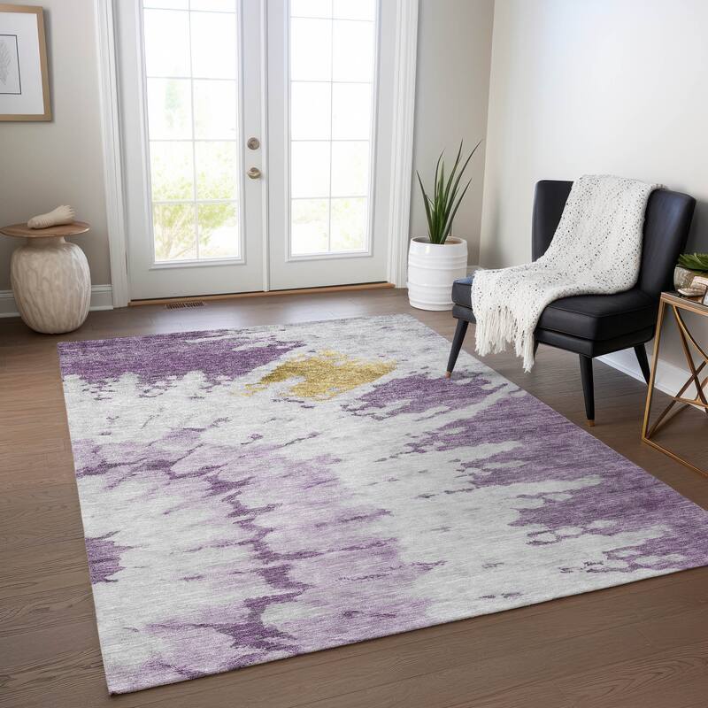 Machine Washable Indoor/ Outdoor Chantille Tie Dye Modern Rug - Purple - 3' x 5'
