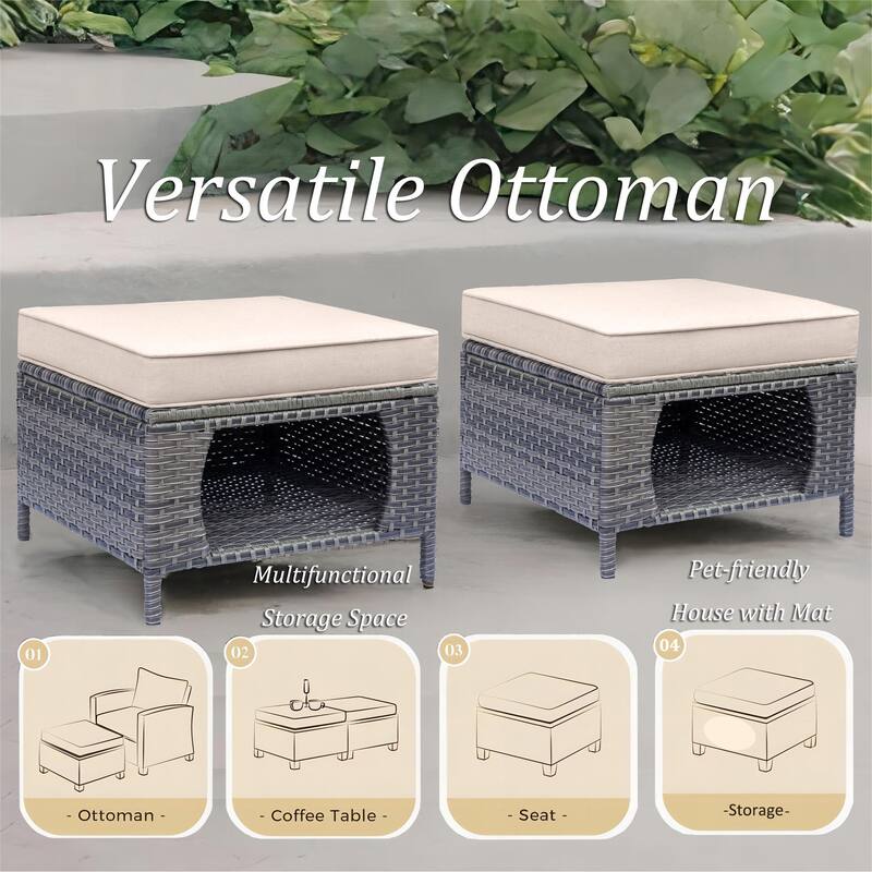 Outdoor Cushioned Rattan Wicker Ottoman with Storage (Set of 2)