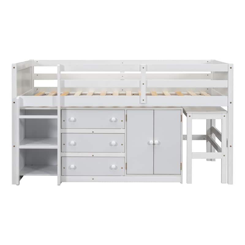 Twin Size Low Loft Bed With Pull-Out Desk, Drawers, Cabinet, and Shelves for Grey Color