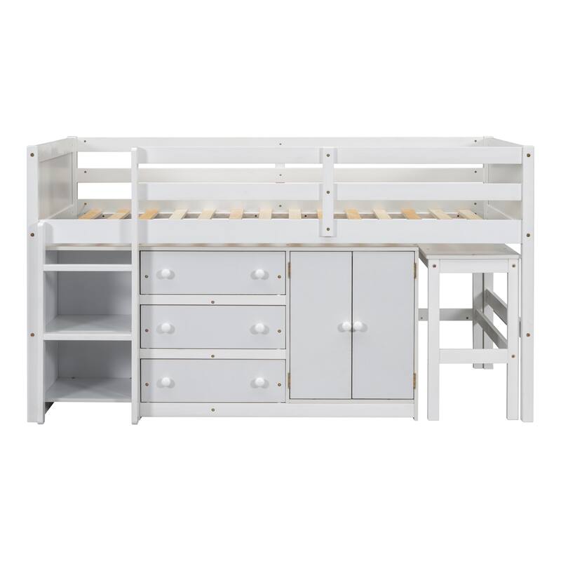 Twin Size Low Loft Bed with Pull-Out Desk, Drawers, Cabinet, and Shelves in White