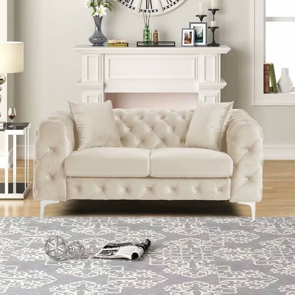 slide 2 of 34, Morden Fort Modern Contemporary Love Seat with Deep Button Tufting Dutch Velvet, Solid Wood Frame and Iron Legs Beige