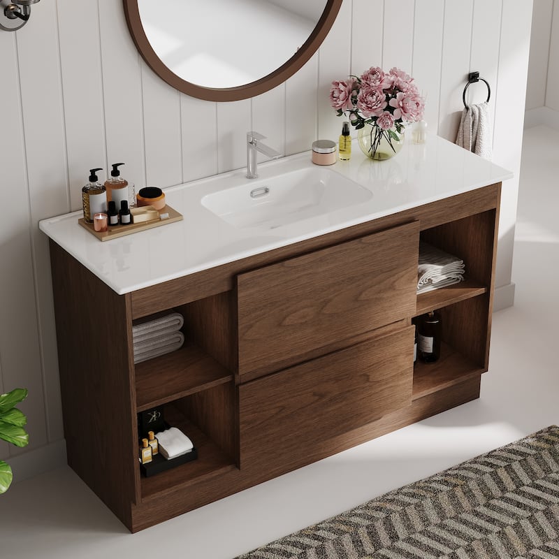 47"Mid Century Single Bathroom Vanities with Sink, White Vanities with 2 Drawers and 4 Shelves