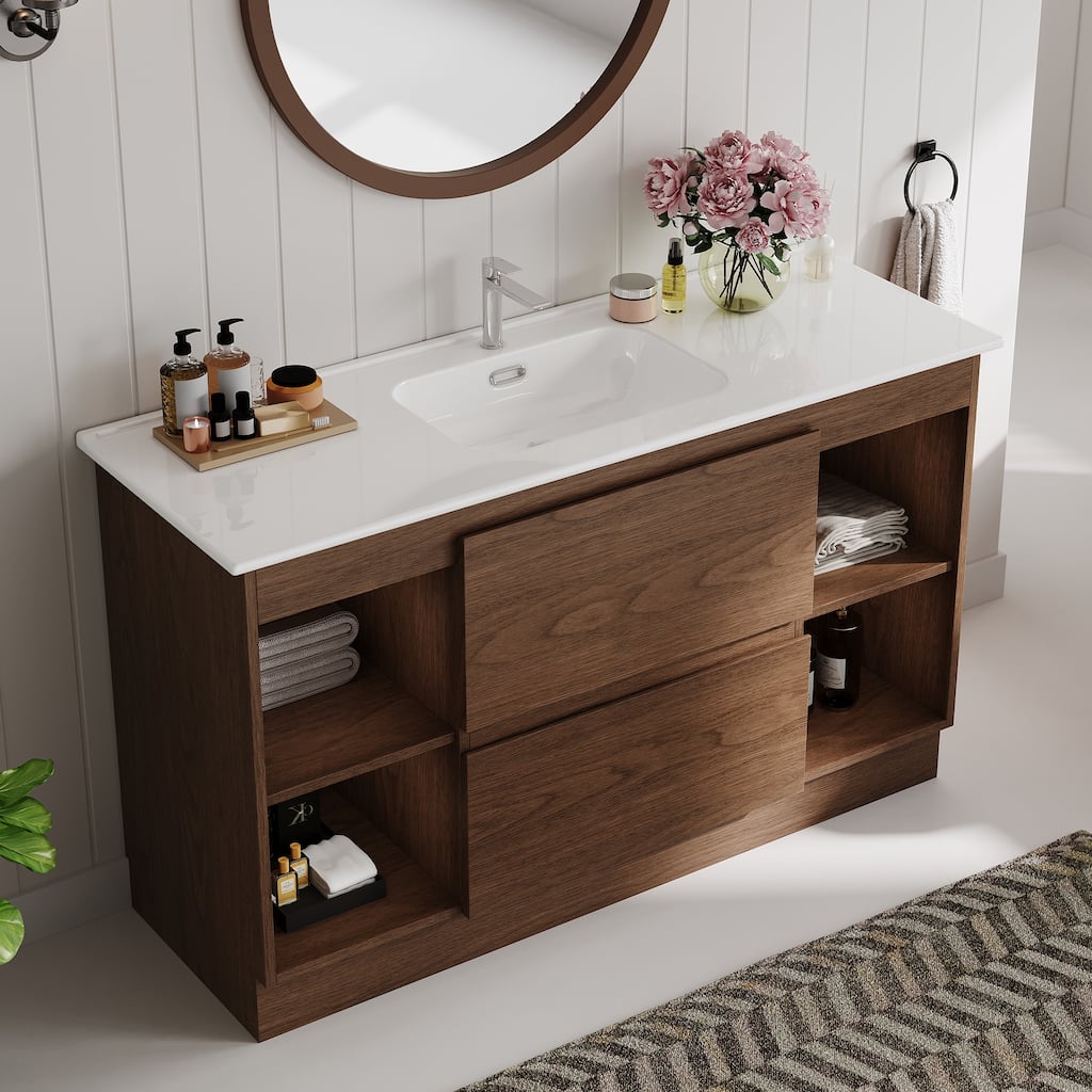 47"Mid Century Single Bathroom Vanities with Sink, White Vanities with 2 Drawers and 4 Shelves