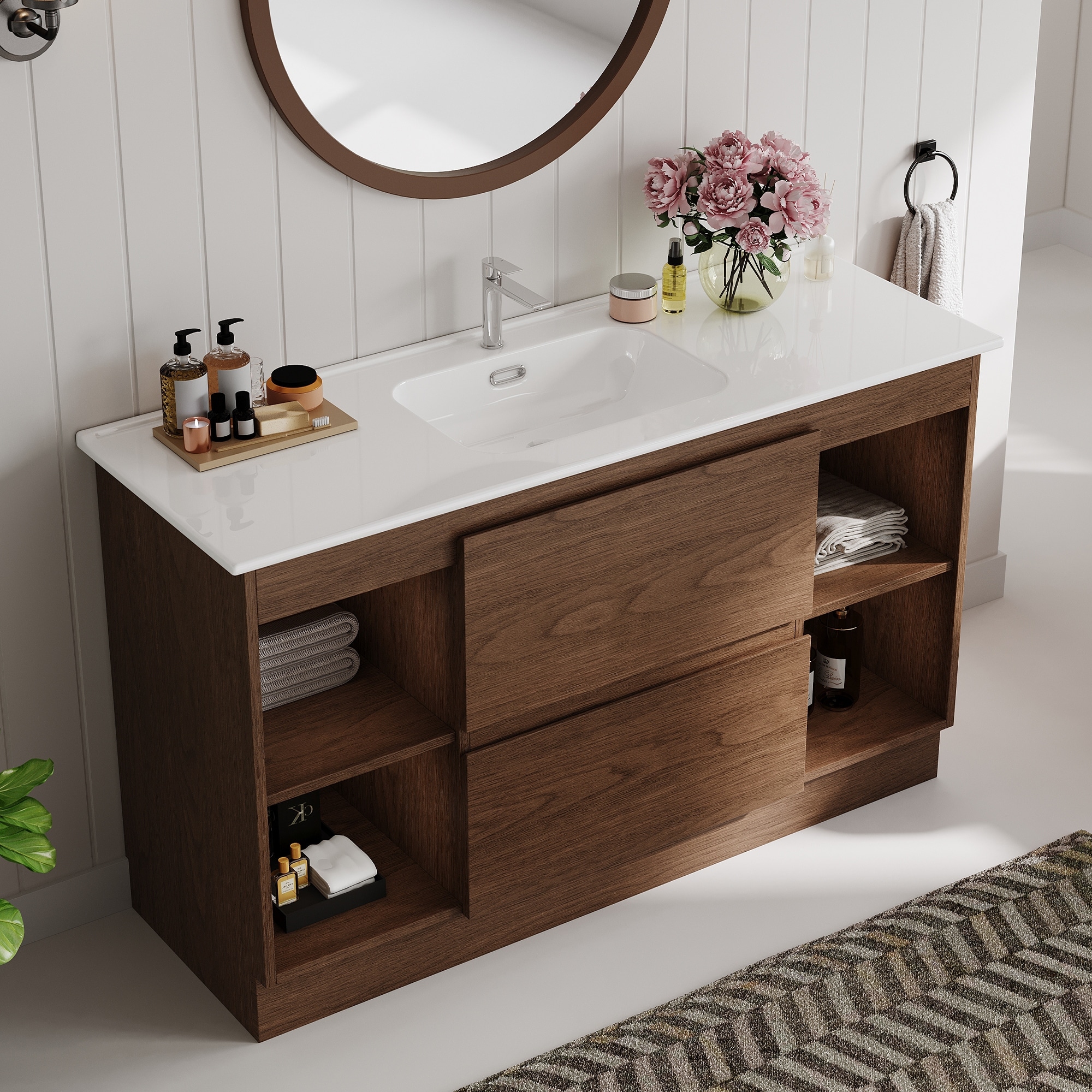 47"Mid Century Single Bathroom Vanities with Sink, White Vanities with 2 Drawers and 4 Shelves