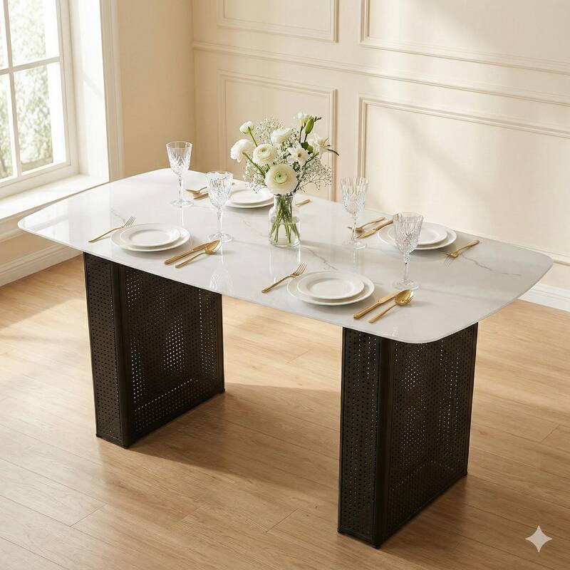 Modern Marble-Patterned Tempered Glass Dining Table, Rectangular Kitchen Table with Dual-Pedestal Metal Base
