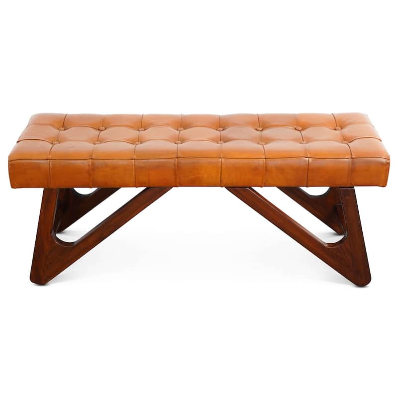 GDFStudio - Mia Modern Mid-Century 47" Genuine Leather Bench with Button Detail & Solid Wood Frame - 15.4"W