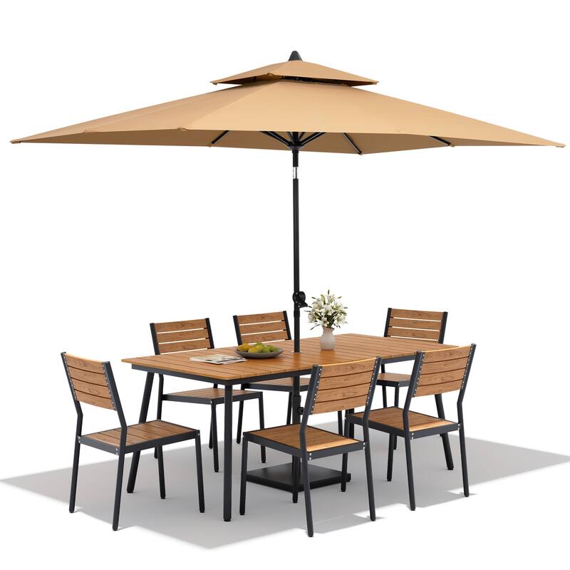 9PC Outdoor Patio Dining Set Aluminum Table with Stackable Chairs w/ Market Umbrella Set