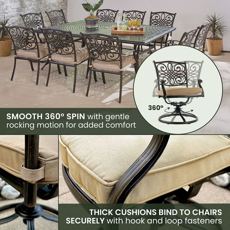 Hanover Traditions 11-Piece Dining Set in Tan with Four Swivel Rockers, Six Dining Chairs, and an Extra-Long Dining Table