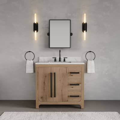 Perris 36" Single Sink Bathroom Vanity With Engineered Carrara White Marble Top In Weathered Oak