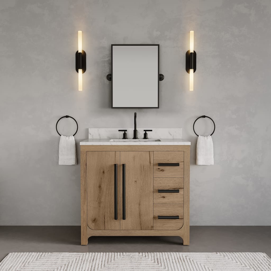Perris 36" Single Sink Bathroom Vanity With Engineered Carrara White Marble Top In Weathered Oak