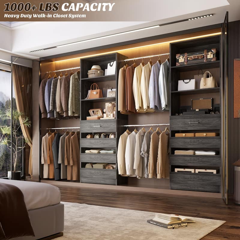 Modular Closet System Wardrobe Organizer 4 Adjustable Hanging Rods + 4 Wooden Drawers, Space-Saving for 4-9Ft Closets