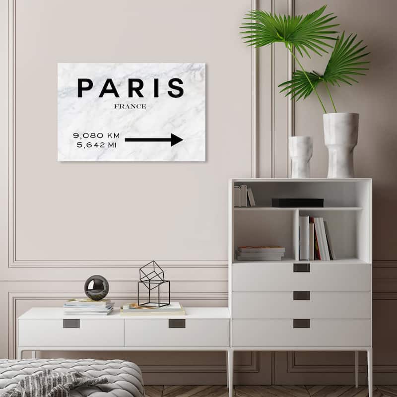 Wynwood Studio Canvas Fashion and Glam Paris Road Sign Marble Black White and Transitional Wall Art Canvas Print - 16 x 24