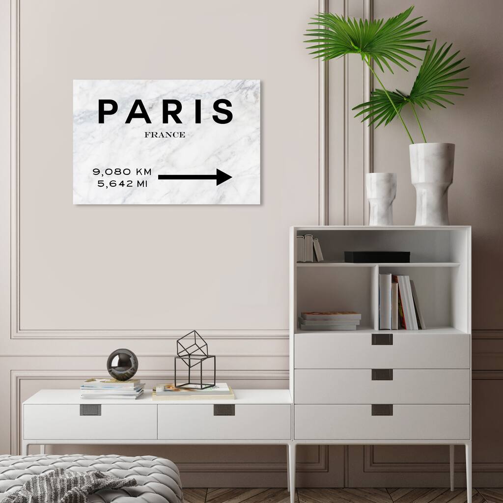 Wynwood Studio Canvas Fashion and Glam Paris Road Sign Marble Black White and Transitional Wall Art Canvas Print