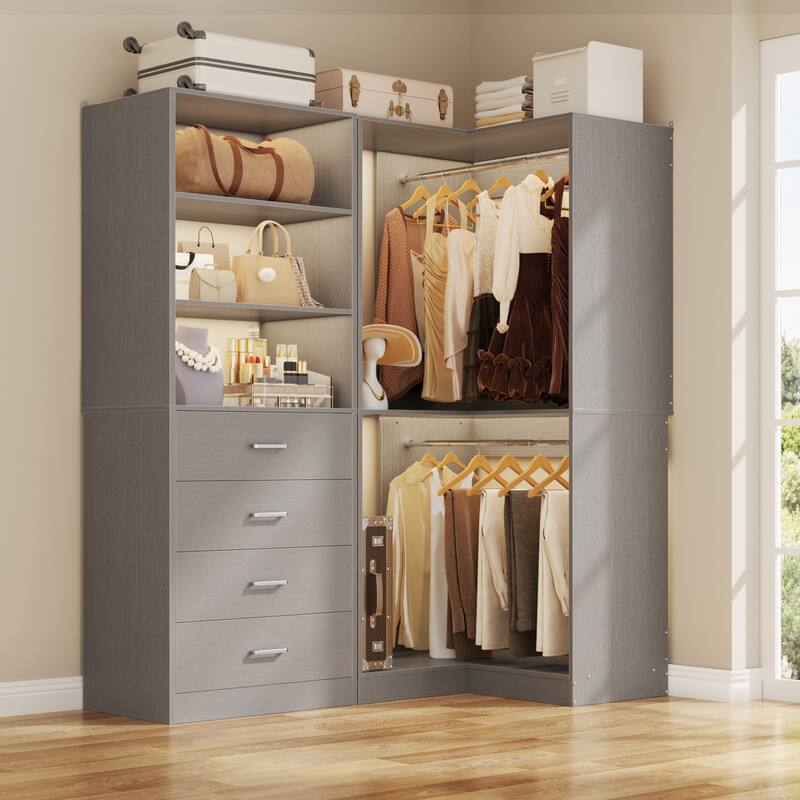 Cimly Set of 2 Corner Closet Organizer, Freestanding Closet System with Wooden Drawers - Grey