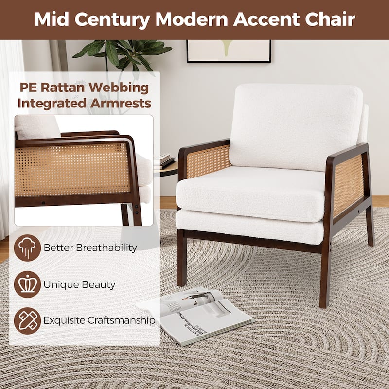 Sherpa Reading Side Chair Modern Accent Arm Chair w/Rattan Arms