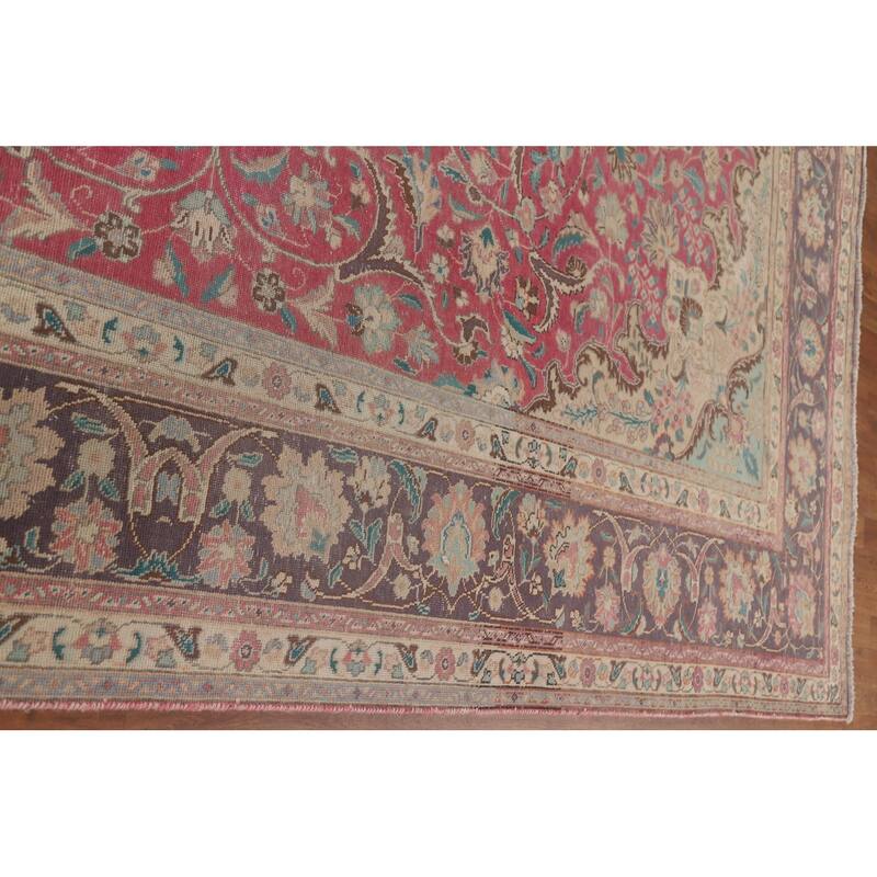 Hand Knotted Oriental 100% Wool Carpet Traditional Floral Pink Tabriz Area Rug - 12' 11'' X 9' 9''