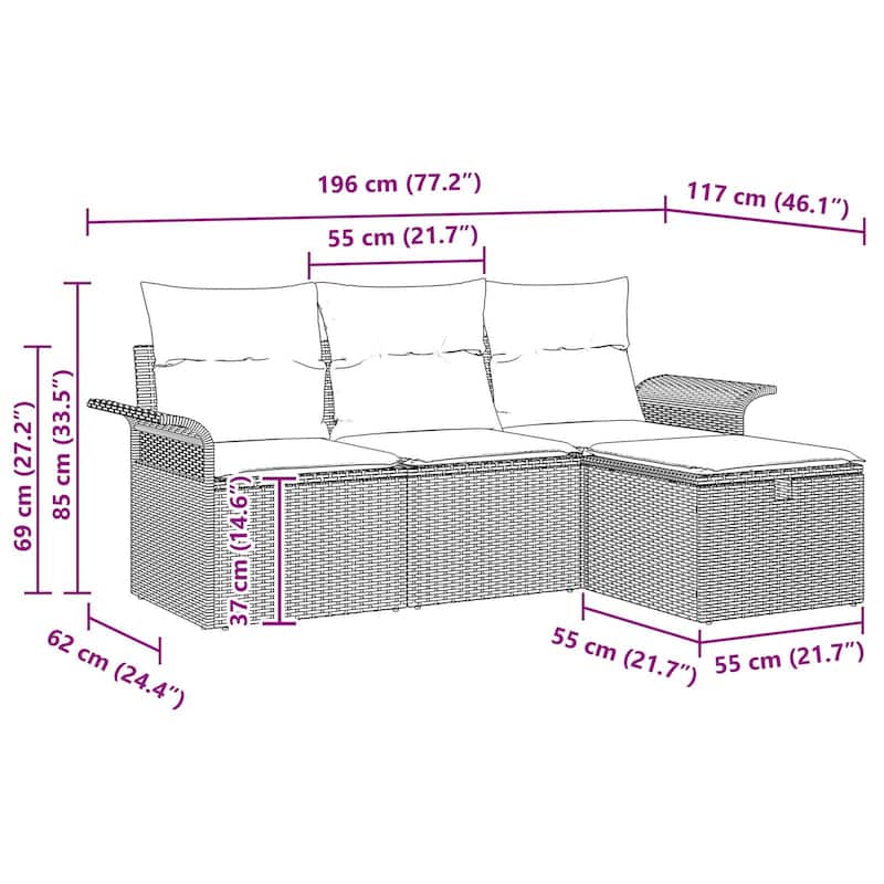 vidaXL 4 Piece Garden Sofa Set with Cushions Black Poly Rattan - 77.2 x 46.1 x 27.2
