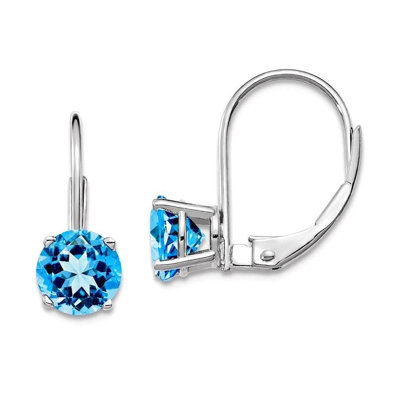 Curata 14k White Gold 6mm Round Genuine Gemstone Leverback Earrings - 17x6mm - Blue Topaz