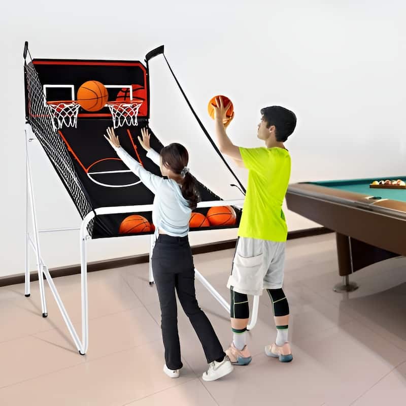 Black-White Steel Dual Hoop Basketball Arcade Game with 8 Games and Foldable Frame - 82” L x 44” W x 81” H