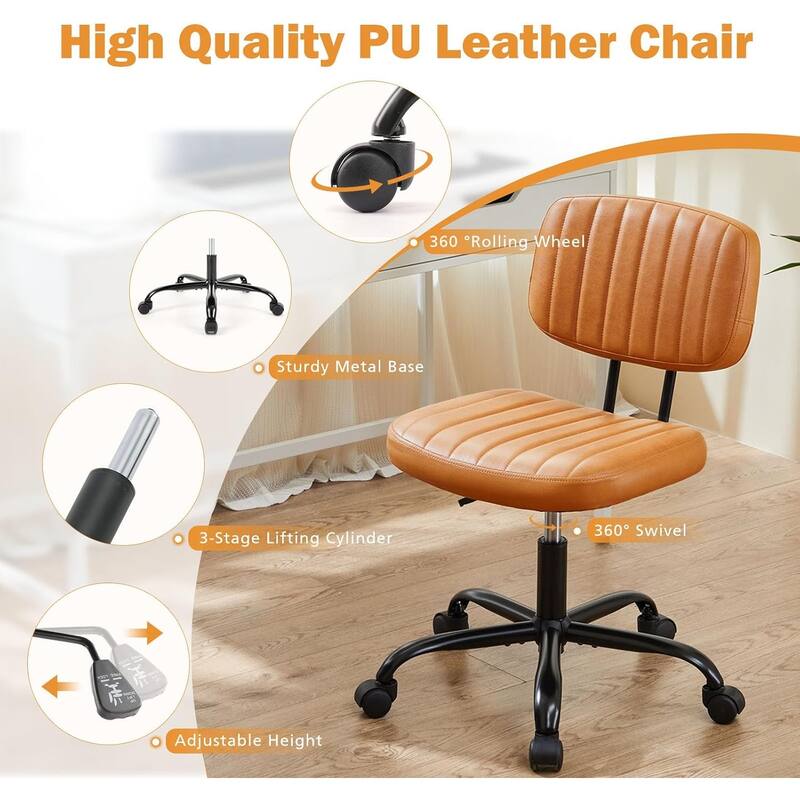 Small Office Computer Desk Chair with Wheels and Lumbar Support, Comfy Cute Armlees PU Leather Vanity Rolling Swuvel Task Chair