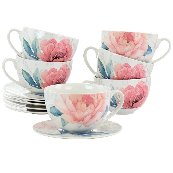 Martha Stewart 12 Piece Ceramic Flora 18oz Cup and Saucer Set in