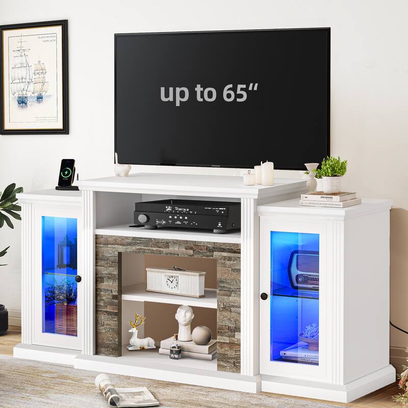Moasis Farmhouse Modern LED TV Stand Entertainment Center for TVs up to 65-Inch with Glass Doors - White