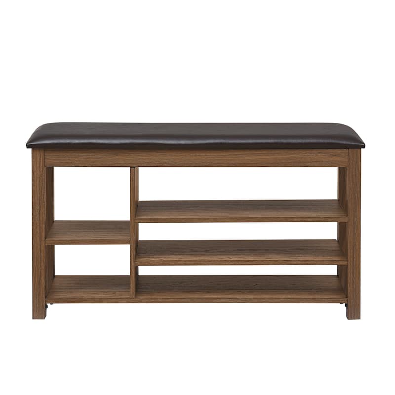 Height Adjustable Long Shoe Changing Bench Natural Rubberwood Comfortable Seat Brown Storage