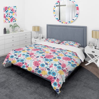Designart 'Blue and Pink Flower' Cabin & Lodge Duvet Cover Set