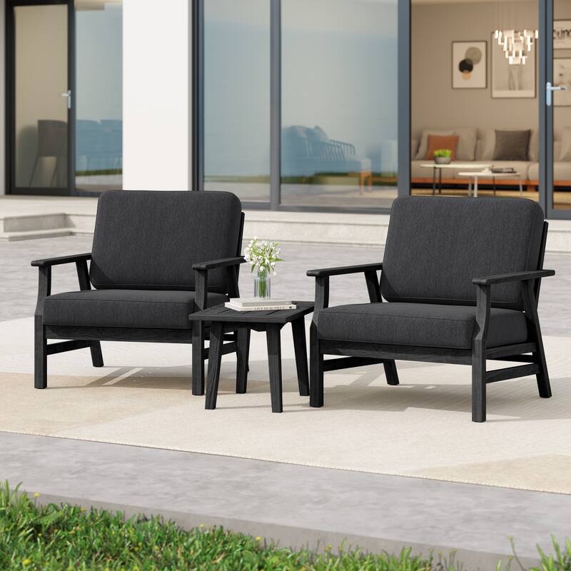 3 Piece Wood Patio Armchair Outdoor Bistro Set with Side Table - Dark Grey-Dark Wood