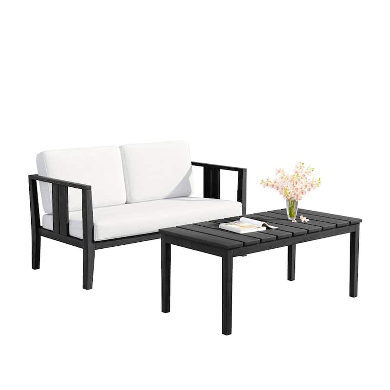 Uixe Teak Patio Loveseat with Coffee Table Outdoor Conversation Set