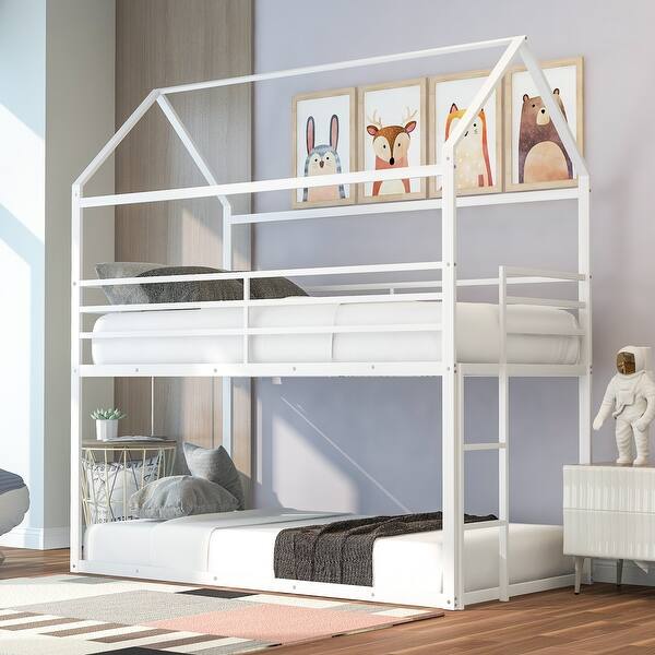 slide 2 of 20, Twin over Twin Metal Bunk House Beds Frame Built-in Ladder for Kids, Boys and Girls White