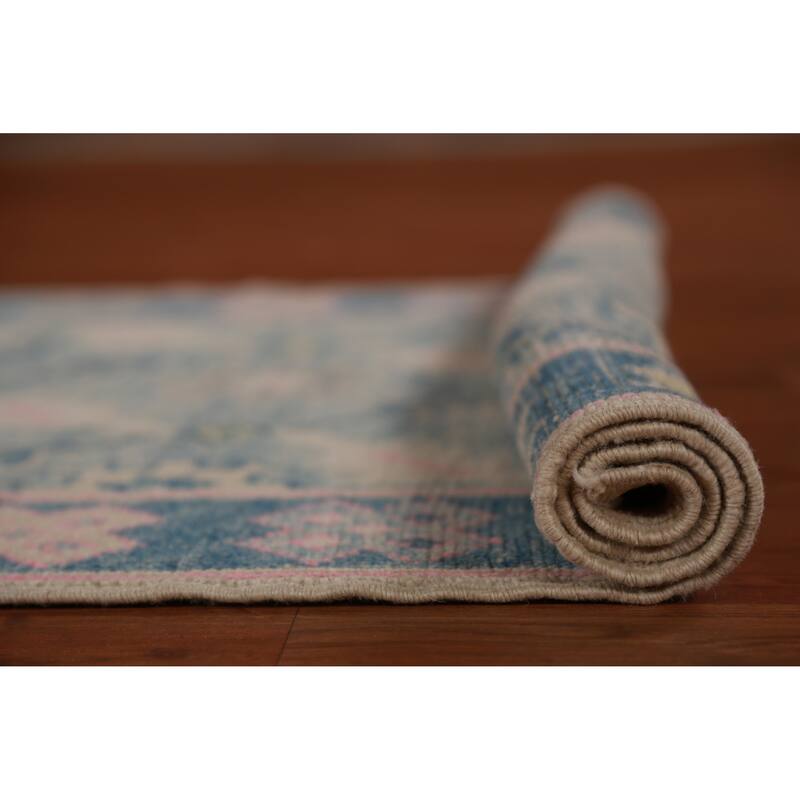 Hand Knotted Oriental 100% Wool Carpet Transitional Floral Navy Blue & Blues Oushak Runner Rug - 16' 7'' X 3' 6''