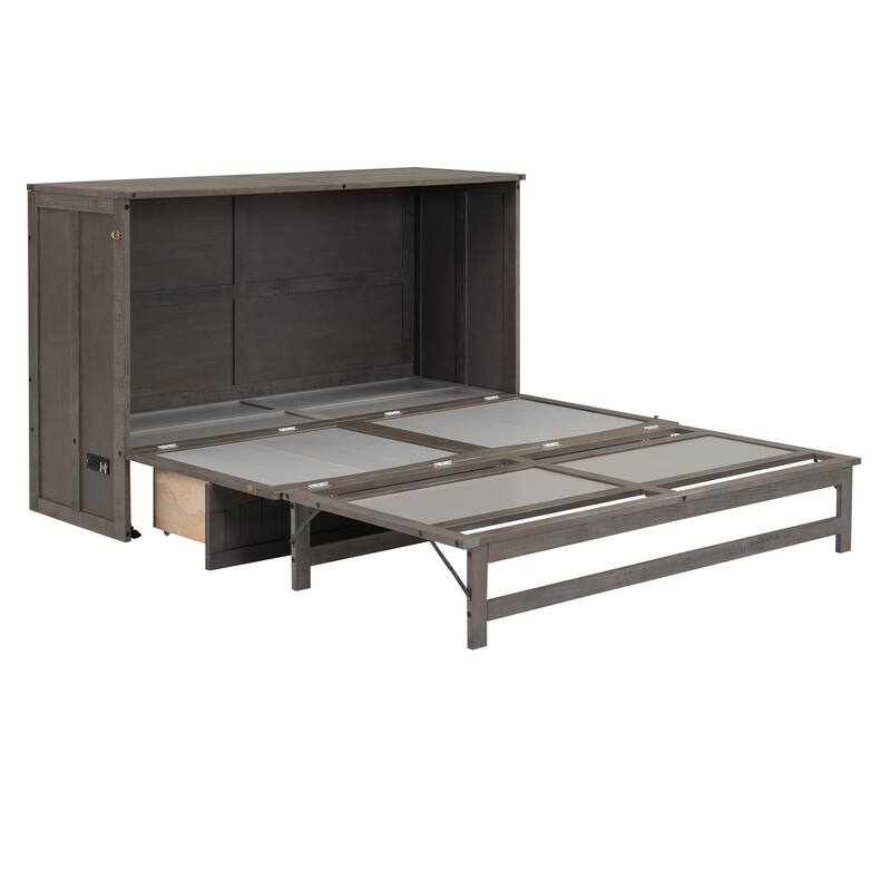 Antique Grey Queen Murphy Bed with USB Charging & Storage Drawer, Space-Saving Wall Bed