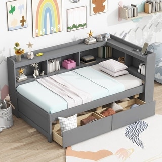 Twin Size L-shaped Bookcases Bed with Power Outlets, USB Charging Ports and Two Drawers