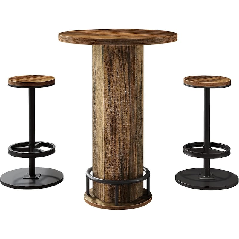 Round Bar Table with Chairs, Industrial Pub Table Bistro Sets with 2 barstools - 11.42" L x 11.42" W x 25.59" H