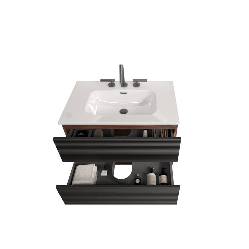 30" Wall Mounted Soft Black & Walnut Bathroom Vanity with Integrated Ceramic Sink with 3 holes