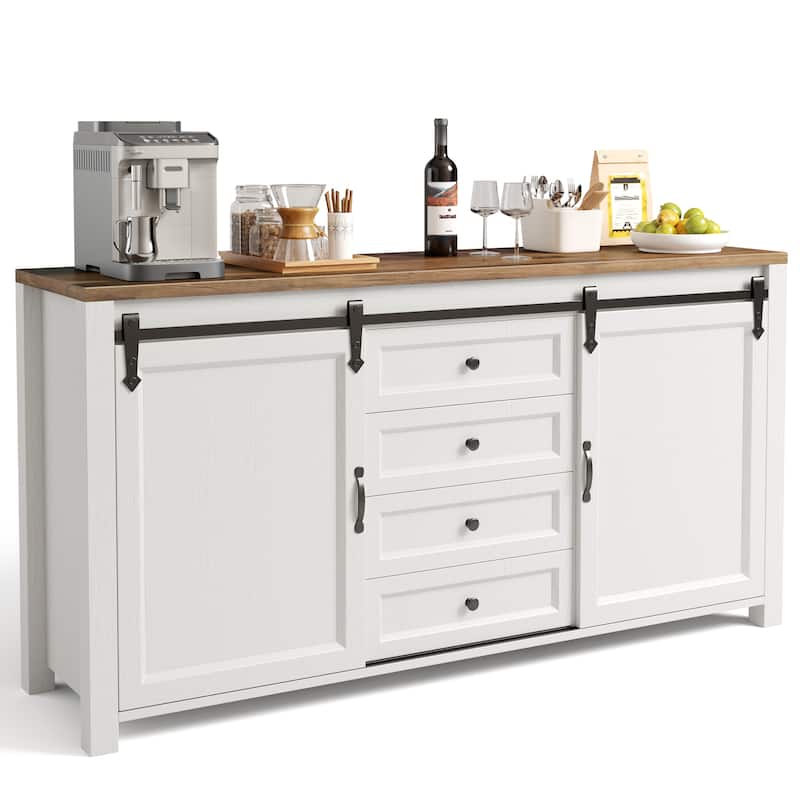 Farmhouse Sideboard Buffet Cabinet with Storage,Coffee Bar Cabinet with 4 Drawers and Sliding Barn Doors