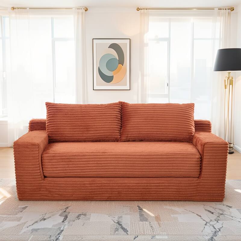 Minimalist Loveseat Sofa Bed with Steel Frame, 2-Seater Settee with Square Armrests for Living Room Apartment - Orange