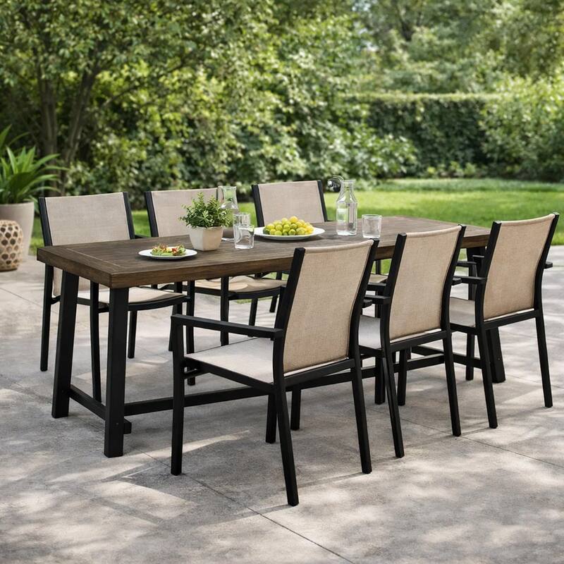 Leslee Outdoor Dining Table, Brown Top, Black Wood Rectangular 79 Inch